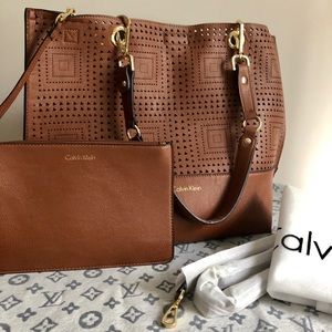 Calvin Klein Large Brown Leather Tote Bag & Pouch